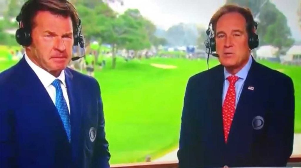 Jim Nantz and Nick Faldo at the beginning of the CBS Sports broadcast of the Farmers Insurance Open.