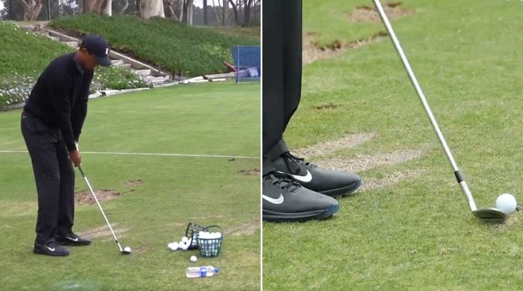 Tiger Woods hits on the range before the 2020 Farmers Insurance Open.