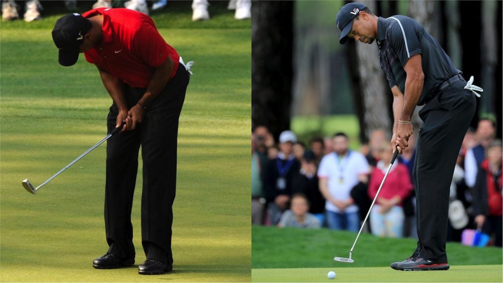 Tiger Woods in 2011 using the Nike Method 003 mid-mallet (left) and Woods in 2013 using the Nike Method 001.