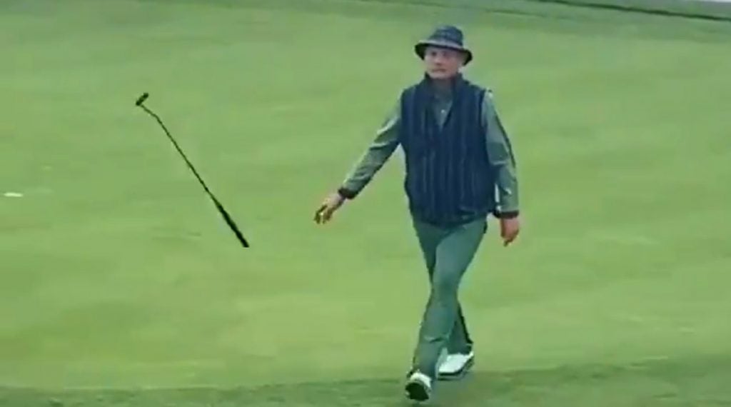 Bill Murray flips his putter after sinking an illegal putt at the AT&T National Pebble Beach Pro-Am
