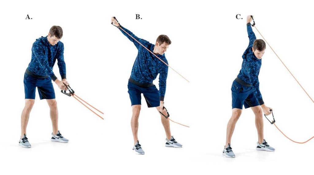 The standing single-arm band rotation can help simulate a swing.