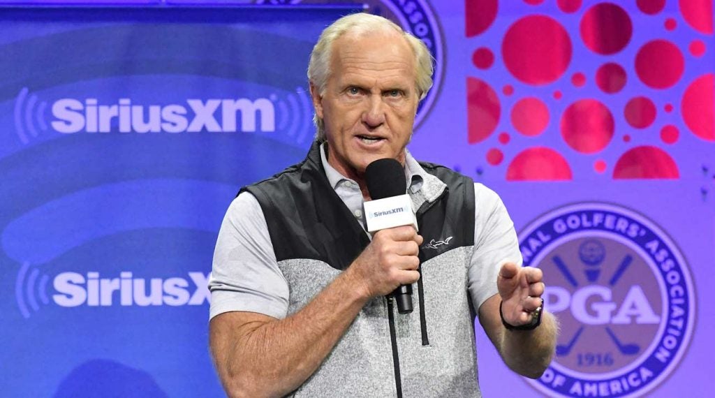 Greg Norman talks during a town hall at the PGA Show.