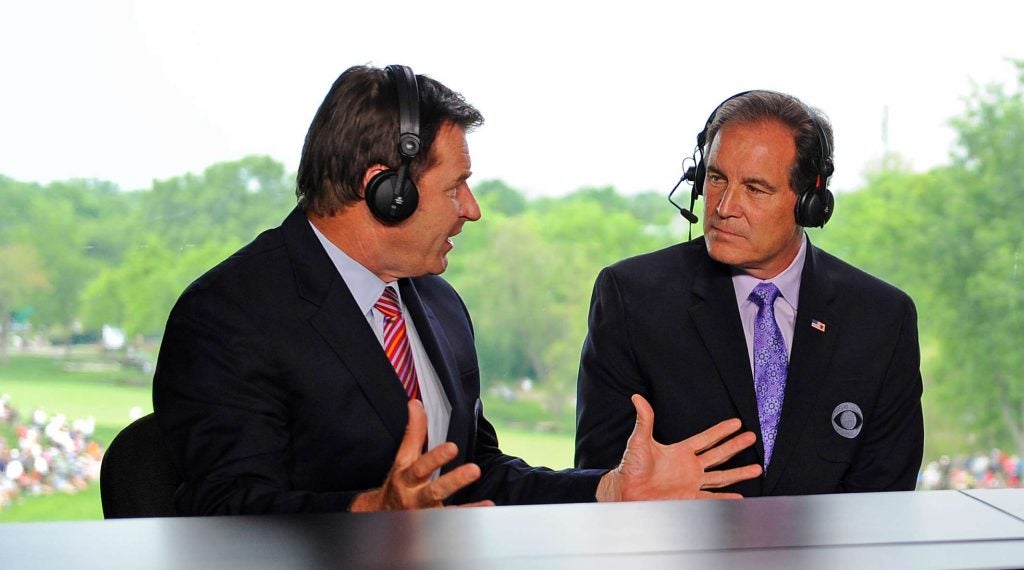 Nick Faldo, left, and Jim Nantz in the booth for CBS Sports.