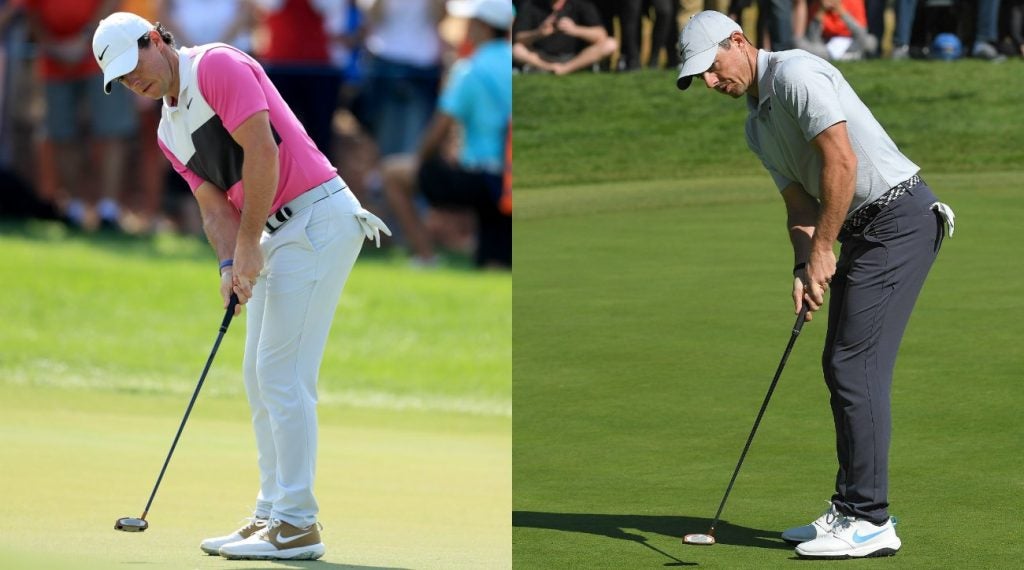 A side-by-side look at Rory McIlroy's putting technique from 2019 (left) and 2020 (right).