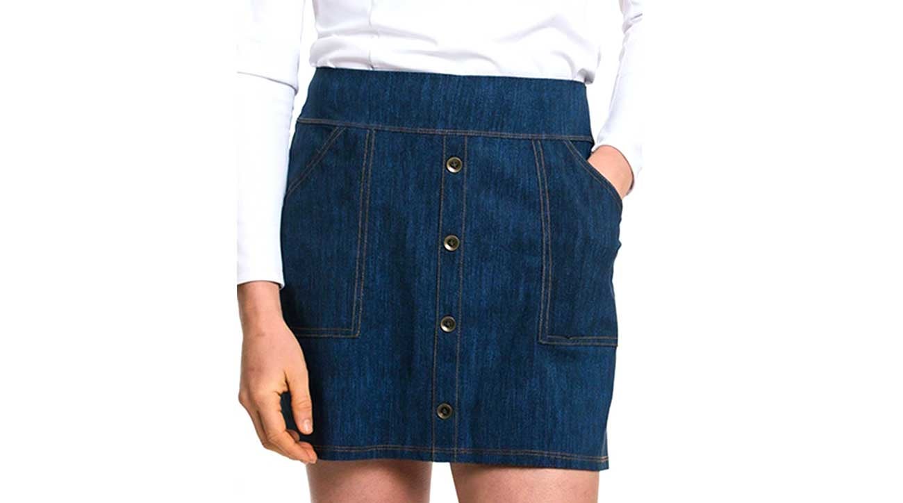 While this skirt looks like denim, it's actually made from Foray Golf's proprietary moisture-wicking raw material, which is perfect for the golf course.