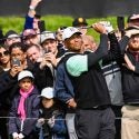 Tiger Woods tees off during the 2019 Genesis Open (now the Genesis Invitational)