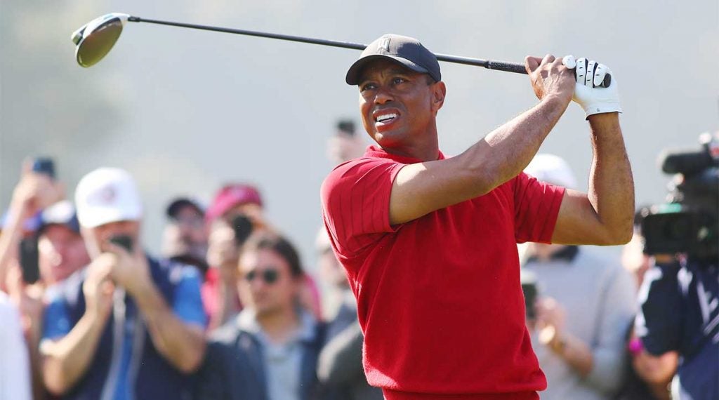 Tiger Woods watches a tee shot during the final round of the Genesis Invitational on Sunday in Los Angeles.