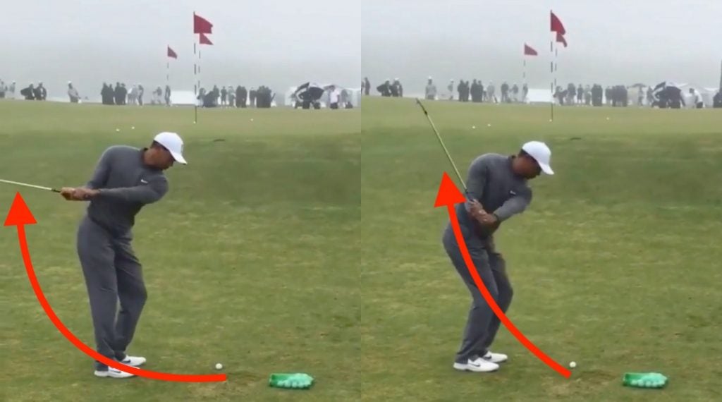 Tiger Woods practices his eye-catching practice drill at Riviera.