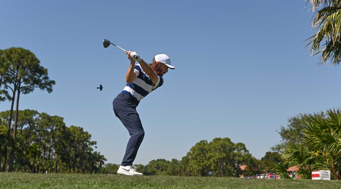 Tommy Fleetwood tees off during the third round of the 2020 Honda Classic.