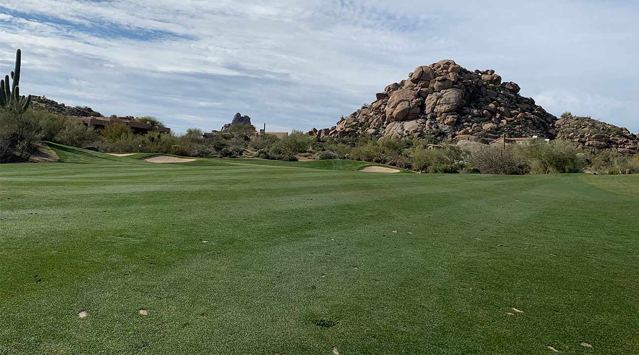 A view of the green on the par-5 14th hole at the Monument (with a difficult pin tucked to the left).