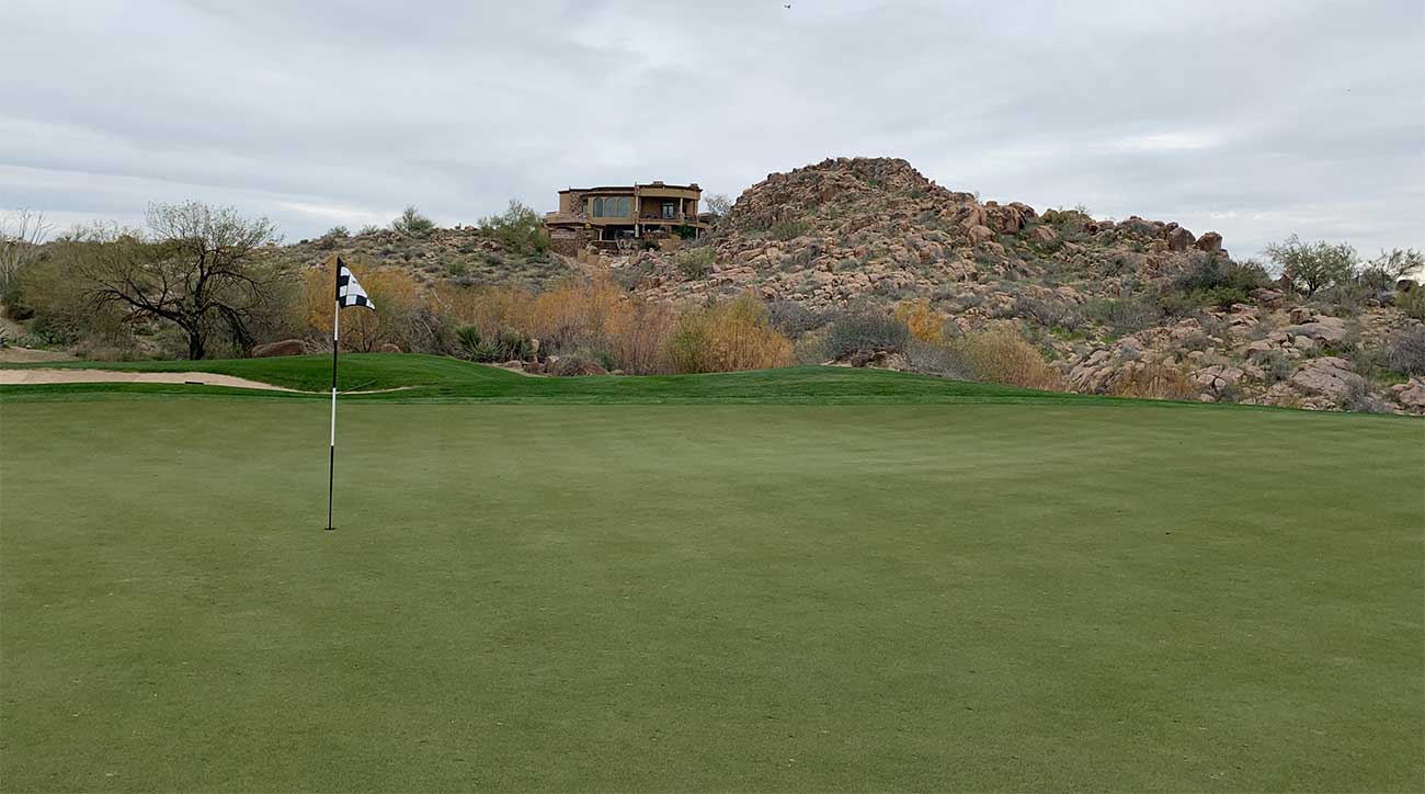 A close up of the green of the 9th hole at the Pinnacle course.