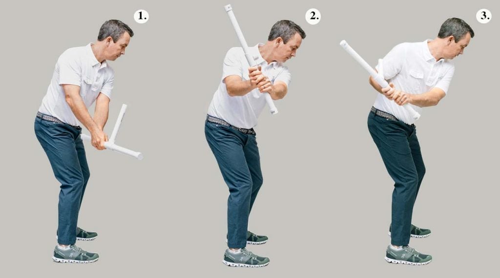 The arms and chest move together in a sound swing.