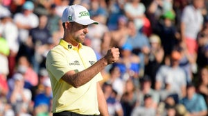 Webb Simpson celebrates during the final round of the Waste Management Phoenix Open. Simpson won for the sixth time in his career.