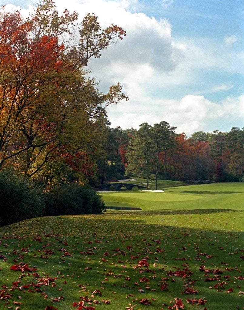 Our tour of Amen Corner begins with a look at the approach shot from the leafy left side of No. 11