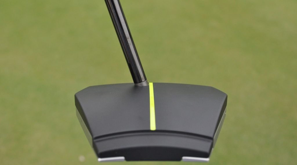 Notice where the shaft enters the top of the crown on this Tour-only Scotty Cameron T-8STR prototype putter. 