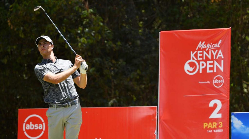 Golfer Guido Migliozzi hits tee shot at 2019 Kenya Open.