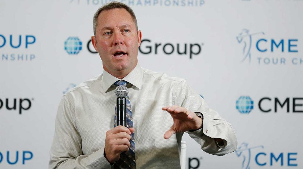 LPGA Commissioner Michael Whan speaks to the media at the CME Group Tour Championship on Nov. 22, 2019, in Naples, Fla.