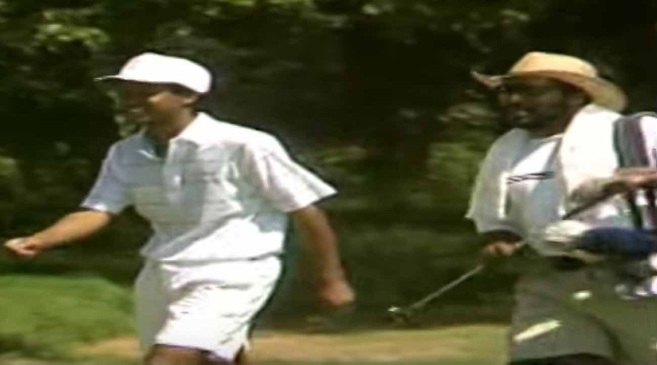Tiger Woods and Kevin Woods, who caddied for him at the '91 U.S. Am.