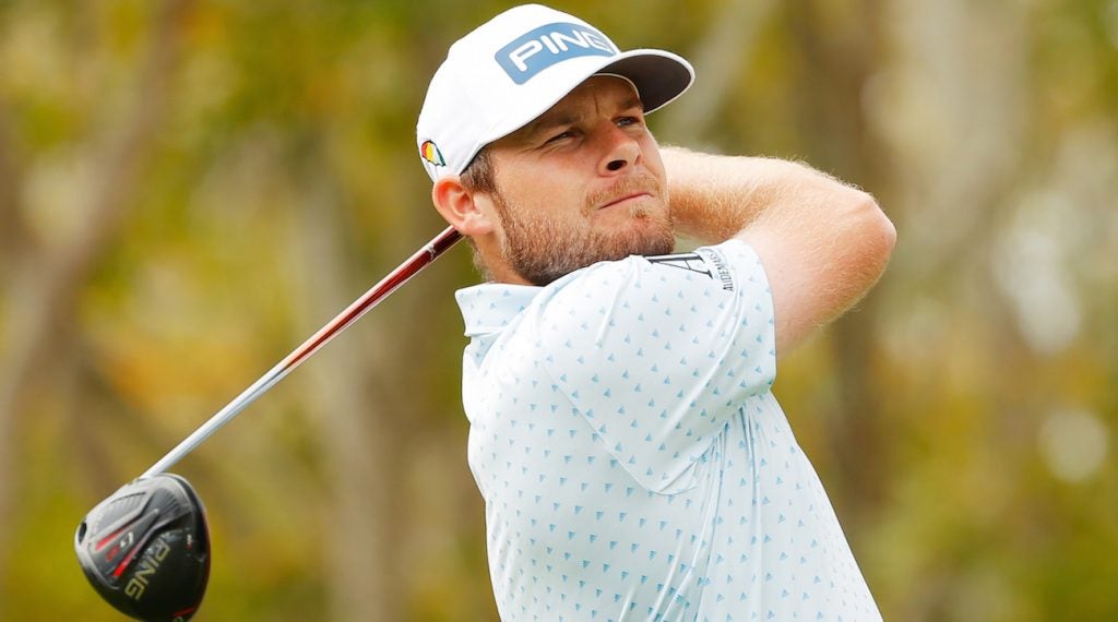 Tyrrell Hatton watches a tee shot during the final round at Bay Hill.
