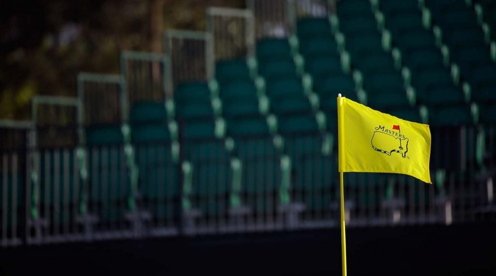 Empty grandstands and a flagstick at Augusta National