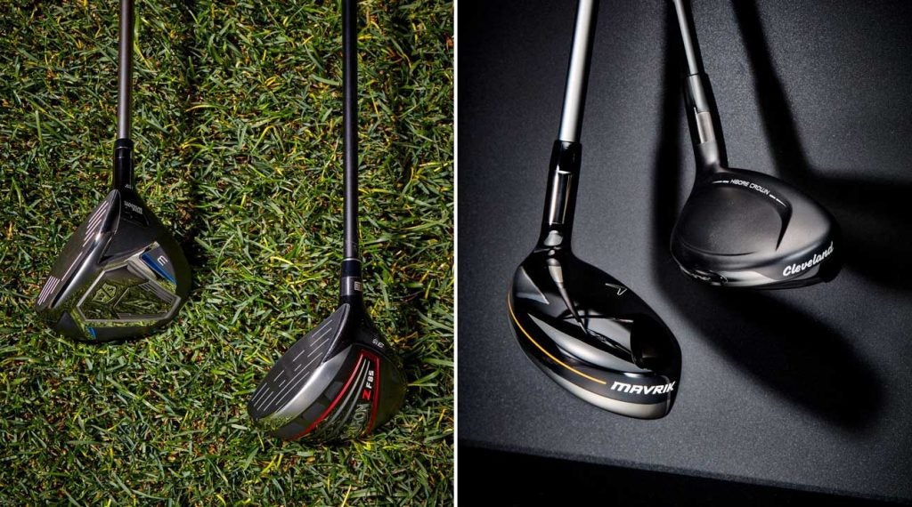 Two golf fairway woods and two golf hybirds.