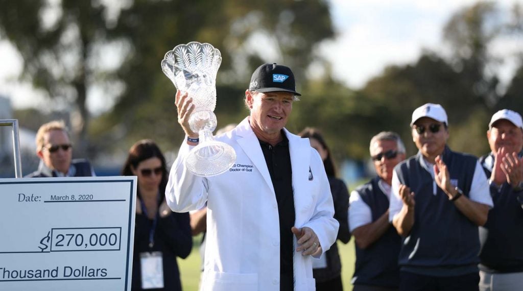 Ernie Els earned his first Champions Tour victory at the Hoag Classic.