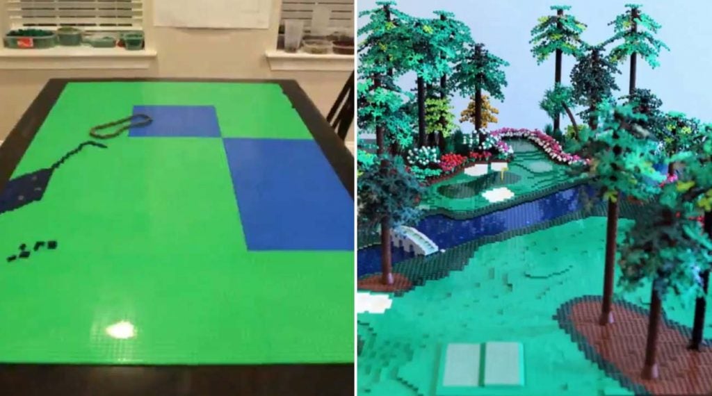 Before and after pictures of Augusta National's 12th hole made out of Legos.