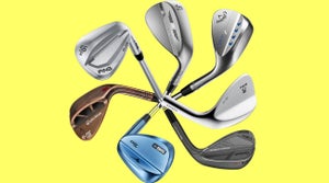 Seven golf wedges on a yellow background.