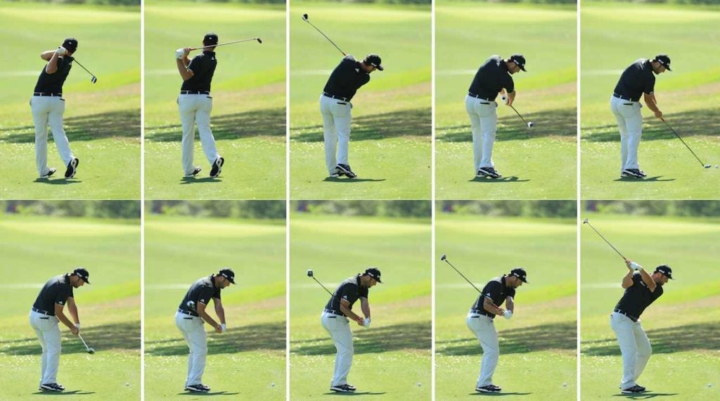 AUSTIN, TX - MARCH 21: (EDITORS NOTE: THIS IS A COMPOSITE IMAGE, ALL INDIVIDUAL IMAGES AVAILABLE SEPARATELY) John Rahm of Spain swing sequence during a practise round for the WGC Dell Match Play at Austin Country Club on March 21, 2017 in Austin, Texas. (Photo by Richard Heathcote/Getty Images)