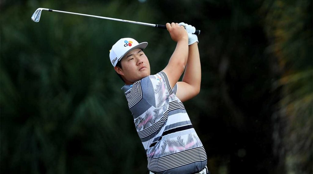 Sungjae Im watches a tee shot during the final round of the Honda Classic.