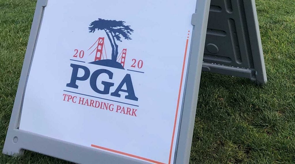A PGA Championship sign at TPC Harding Park in San Francisco.