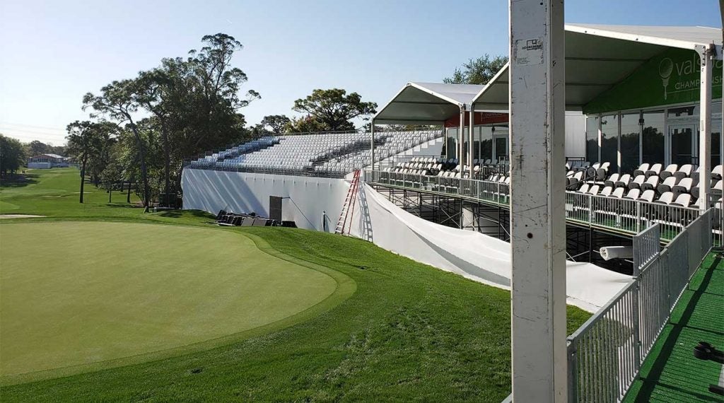 An empty 18th grandstands at the Valspar Championship.