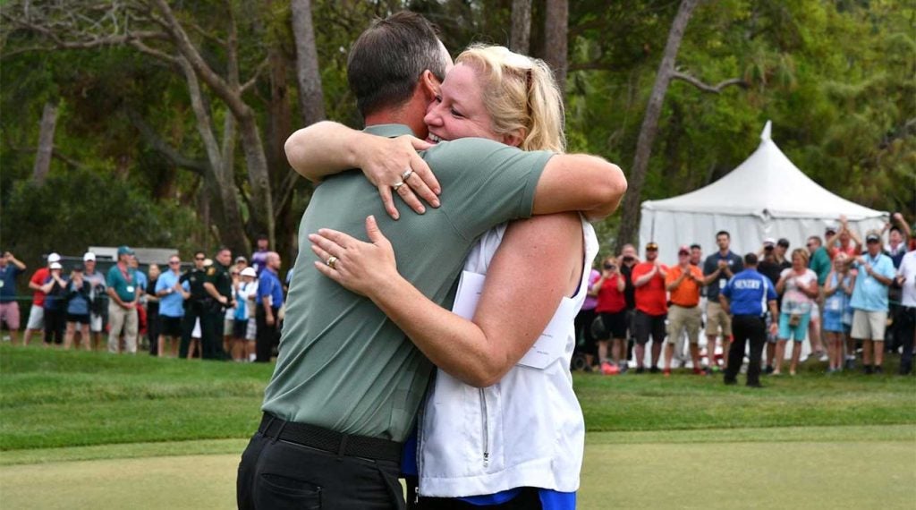 Valspar Championship Tournament Director Tracy West hugs Paul Casey after Casey won the 2018 Valspar. Casey also won in 2019.