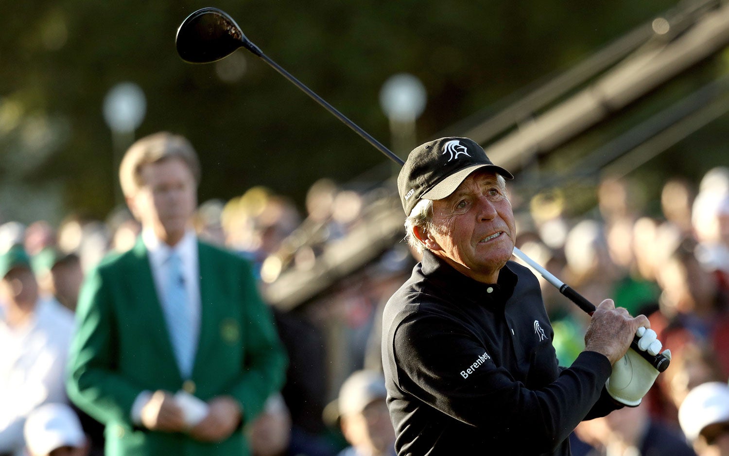 Gary Player hits a ceremonial tee shot down the first fairway at Augusta National.  