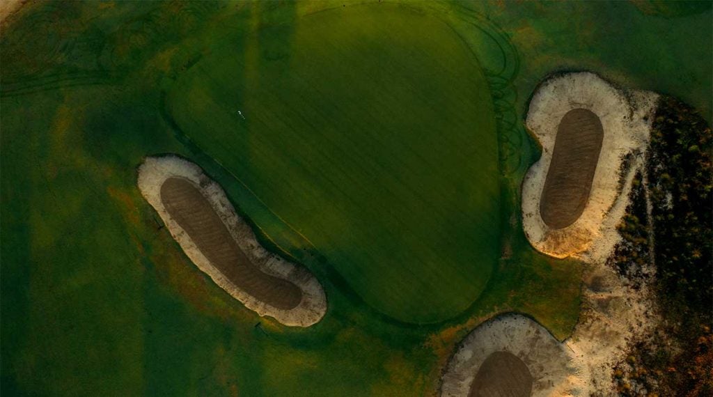 An overhead view of one of the greens at Pinehurst No. 2.