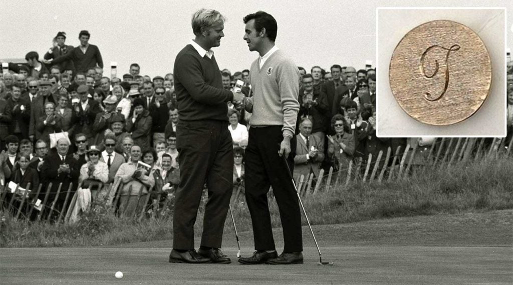 Jack Nicklaus and Tony Jacklin shake hands at the 1969 Ryder Cup.