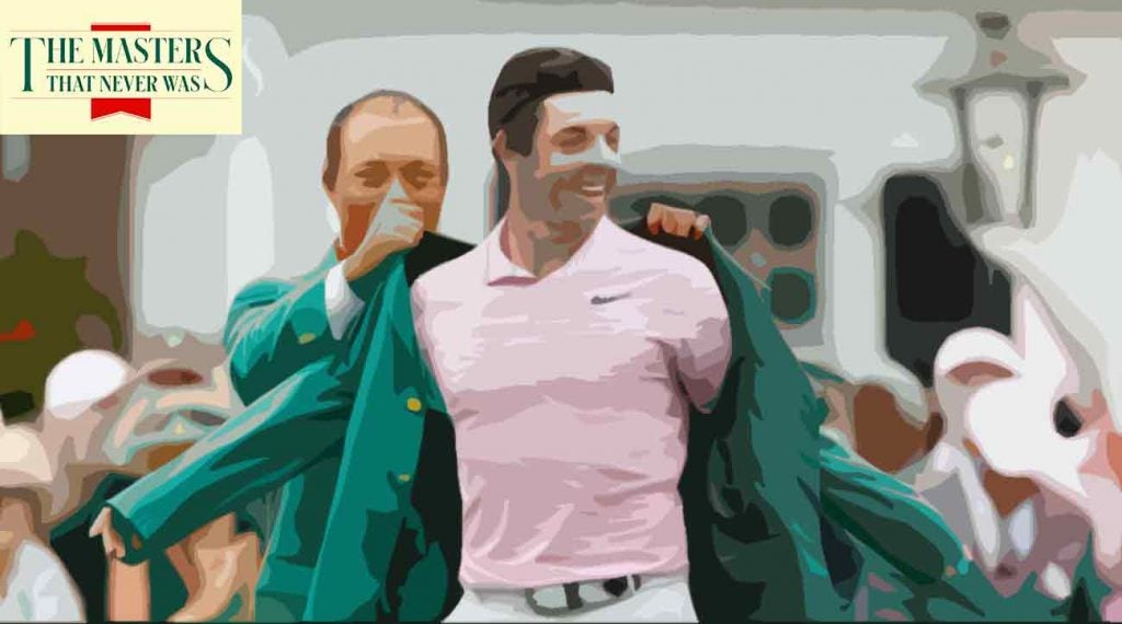 Tiger Woods puts the green jacket on Rory McIlroy at the conclusion of The Masters That Never Was.