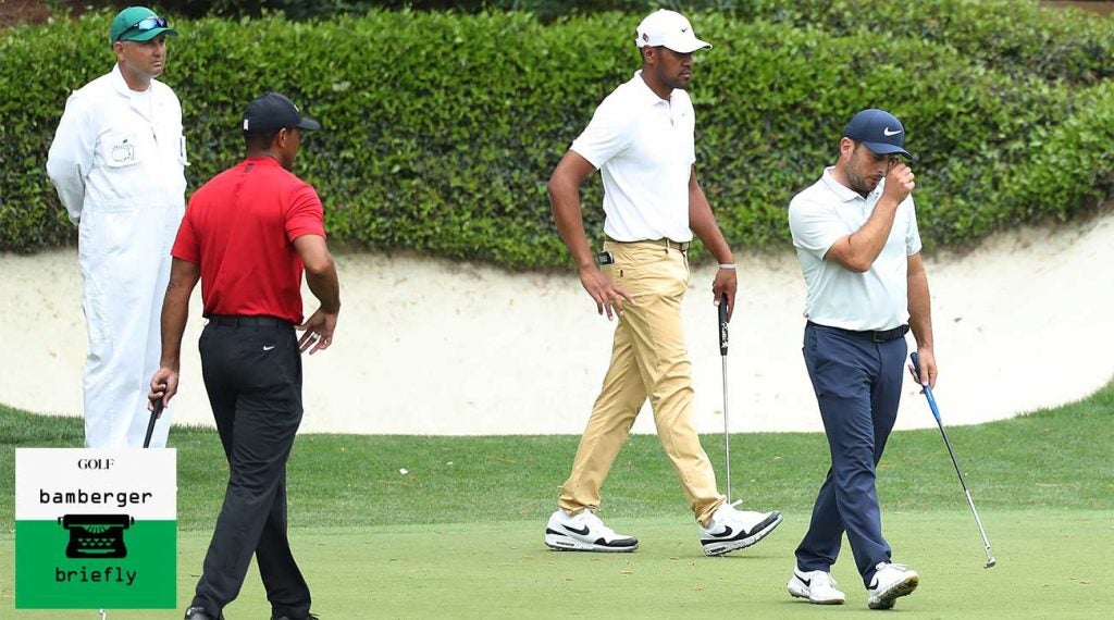 Tiger Woods, Tony Finau and Francesco Molinari play the 12th hole at Augusta National in the final round of the 2019 Masters.