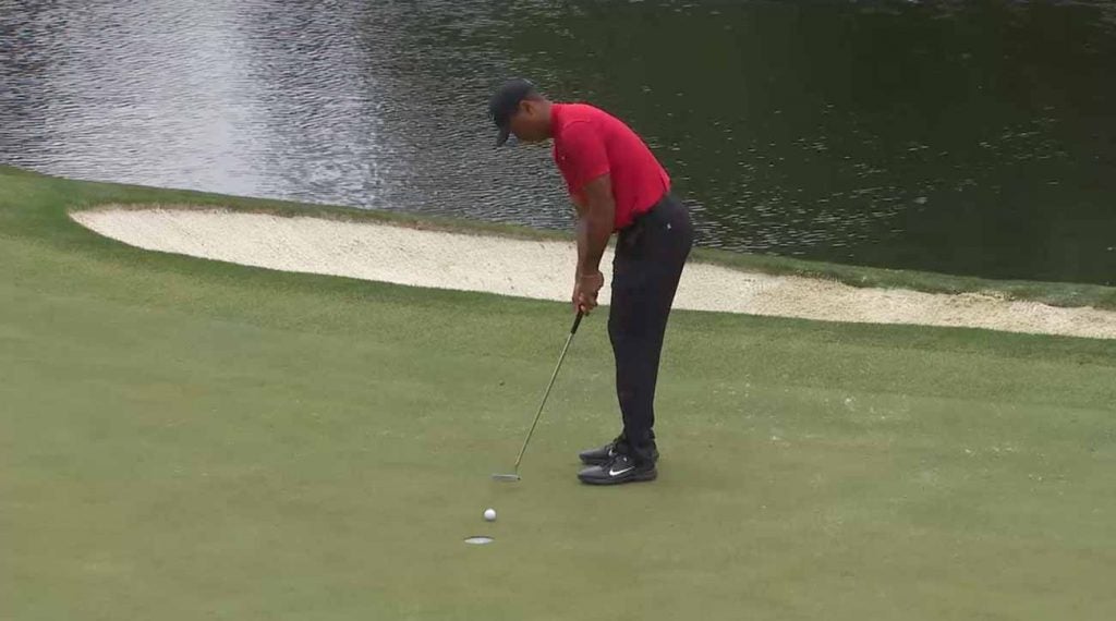 Even on a short putt, Woods' putter has released, promoting an aggressive stroke through the ball.
