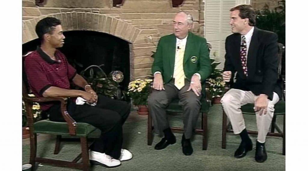 Tiger Woods, Joe Ford and Jim Nantz in Butler Cabin.