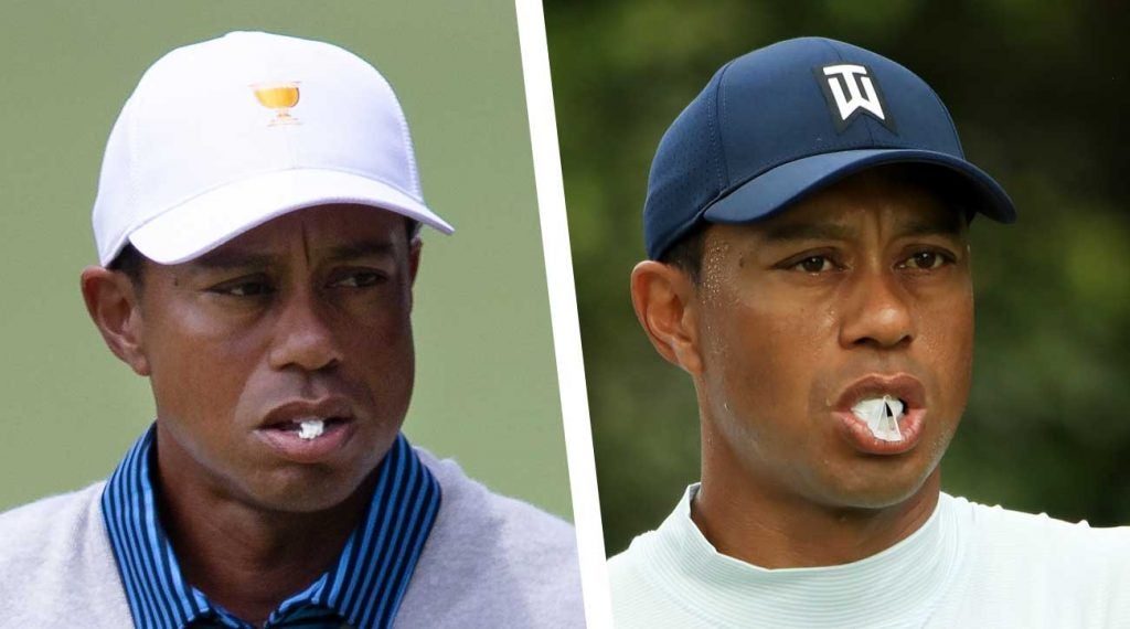 Tiger Woods at the Presidents Cup (left) and the Masters (right) in 2019.