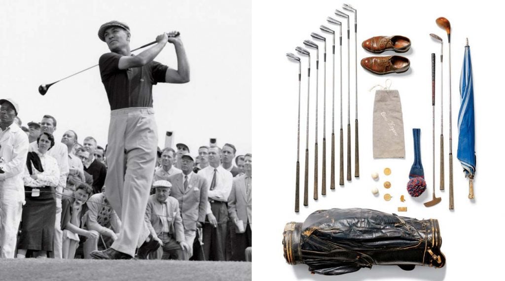 Ben Hogan swining a golf club; Ben Hogan's golf clubs