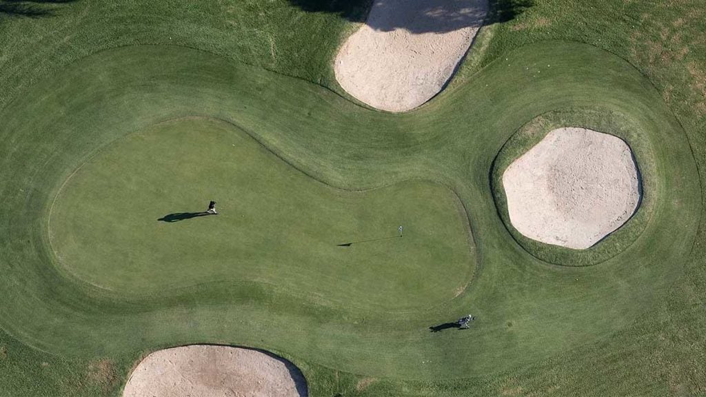 An overhead shot of a golf course.