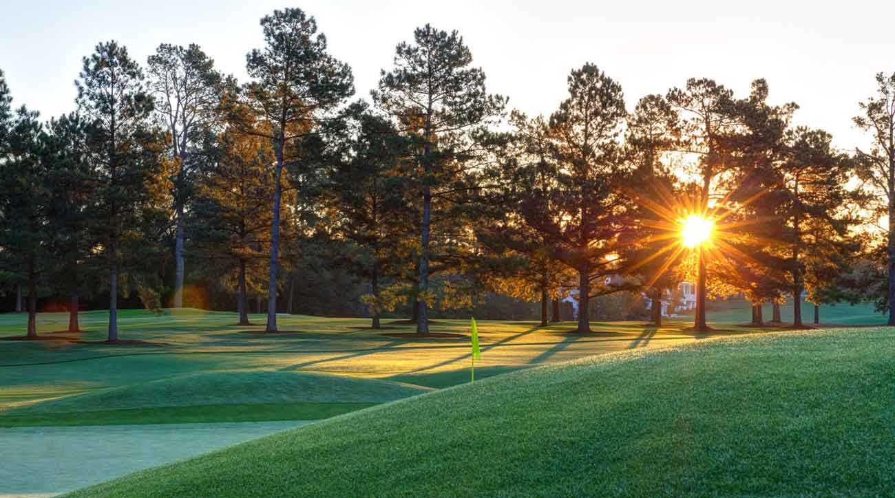 The sun reflects off the mounds protecting the par-5 eighth. They were removed in 1956 to improve sight lines for spectators, but brought back in 1979 under the supervision of Byron Nelson. 