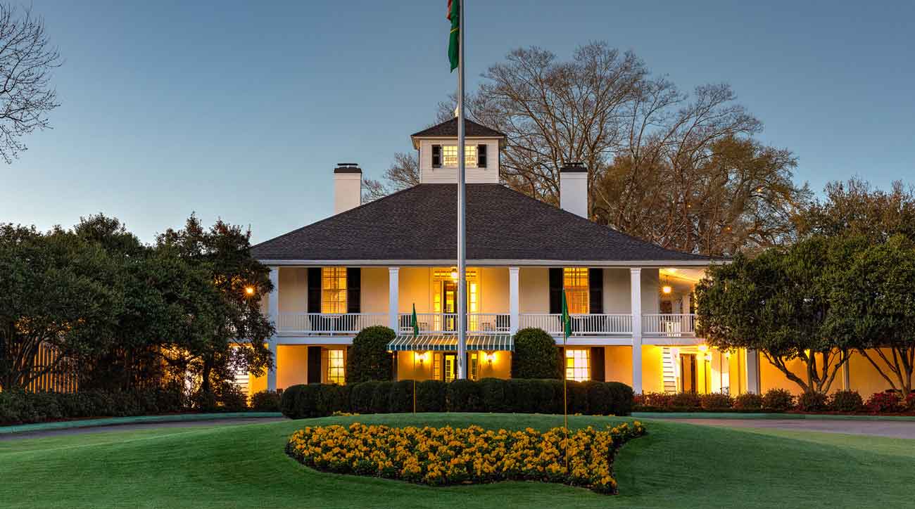 The clubhouse is bright. As is the flower arrangement in the shape of the Masters logo.