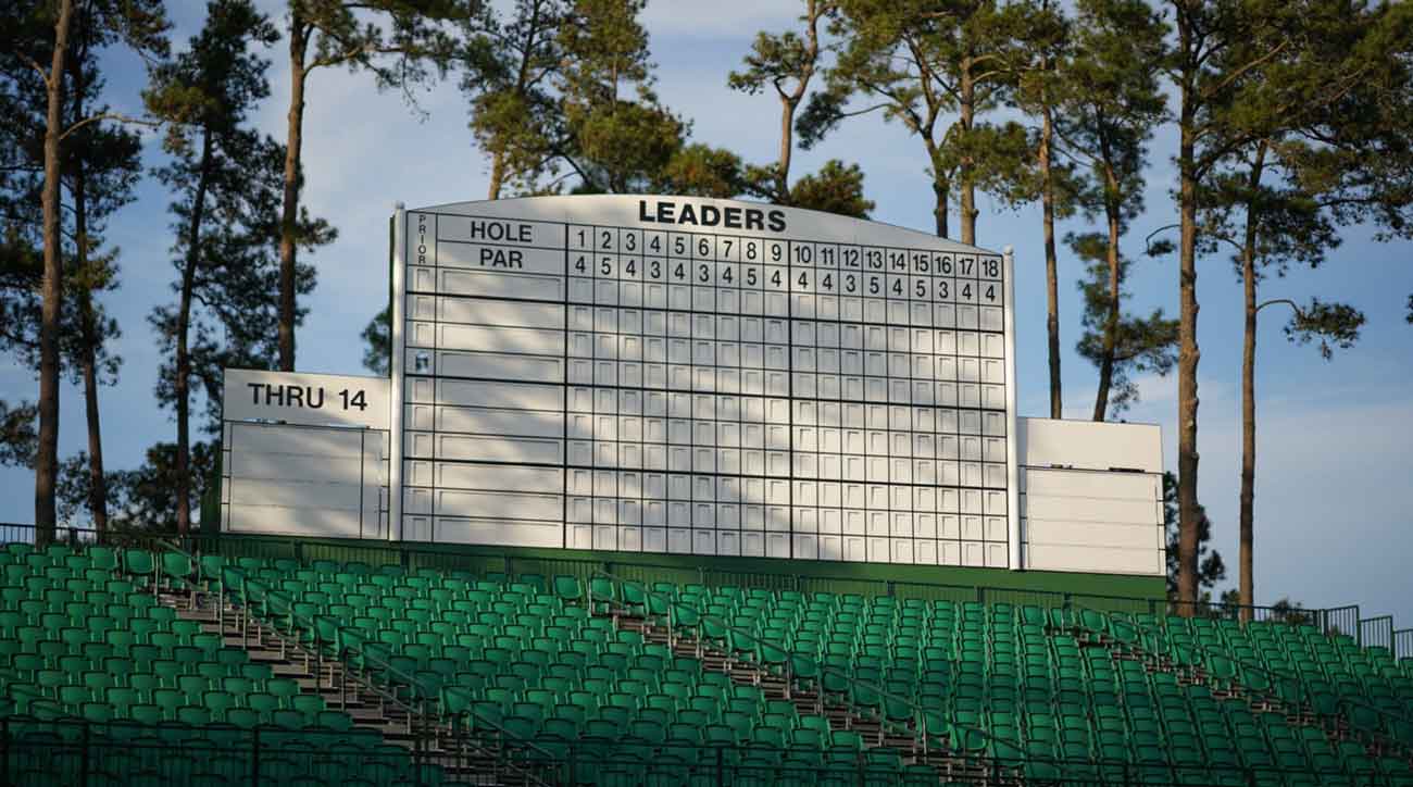 The scoreboard overlooking the par-5 15th. No names, no numbers. In 1935, Gene Sarazen holed a 4-wood from 235 yards out for a double eagle here, his “shot heard ‘round the world.” In 2019, Woods took the lead here and never let go. 