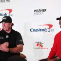 Tiger Woods and Phil Mickelson speak to the media prior to their showdown in 2018.