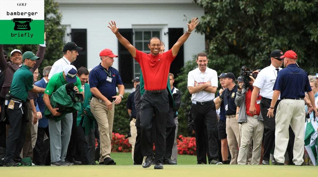 Tiger Woods celebrates his 2019 Masters win.