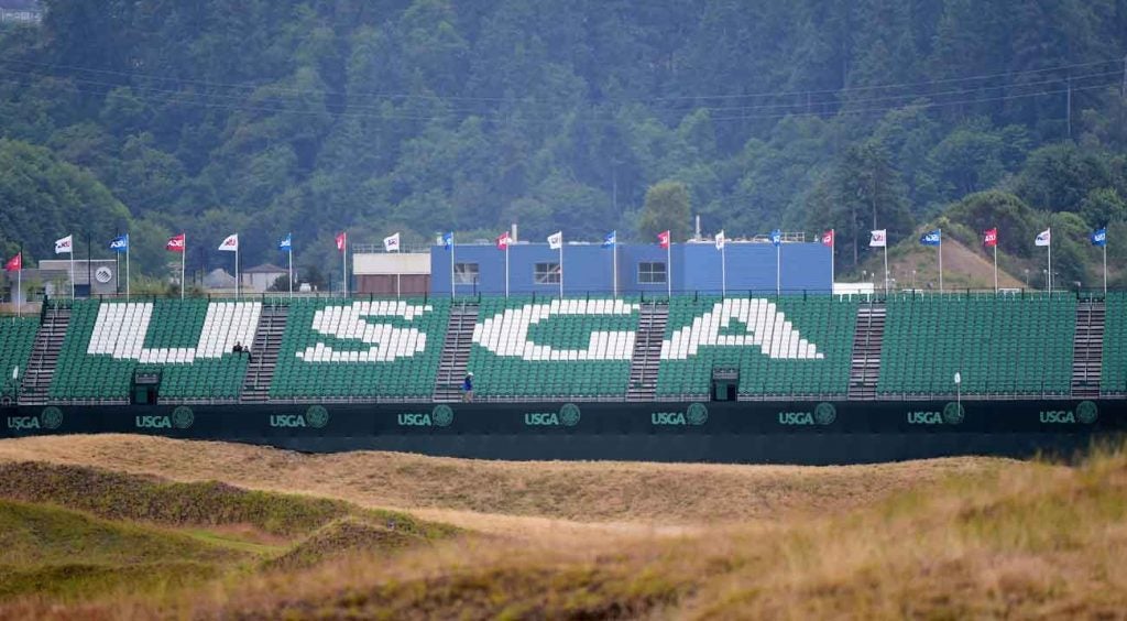 A USGA logo is seen across a grandstand at the 2015 U.S. Open 