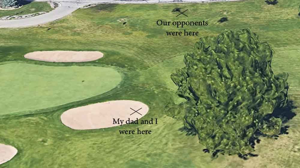 The locations of the author's third shot and the opponent's second shot at Whitnall Park Golf Course near Milwaukee.